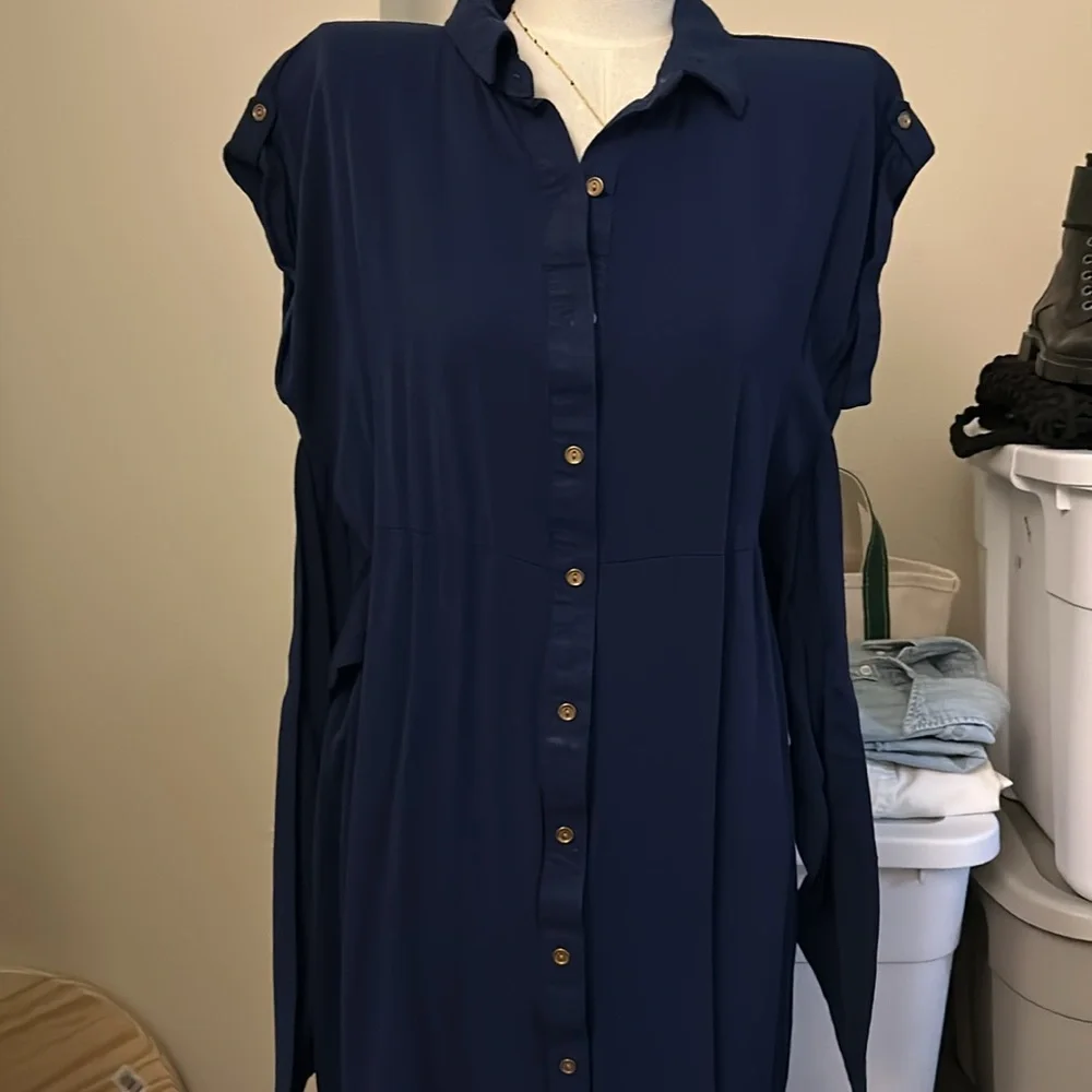 Navy Blue Button-Up Shirt-Dress - Picture 5 of 12